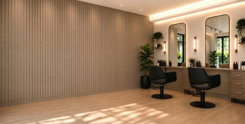 Modern hair salon interior with two styling chairs and arched mirrors