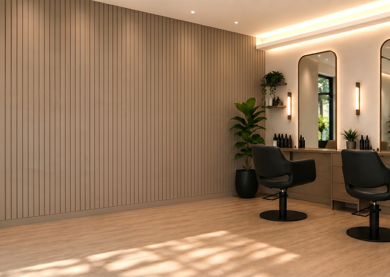 Modern hair salon interior with two styling chairs and arched mirrors