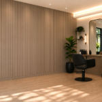 Modern hair salon interior with two styling chairs and arched mirrors
