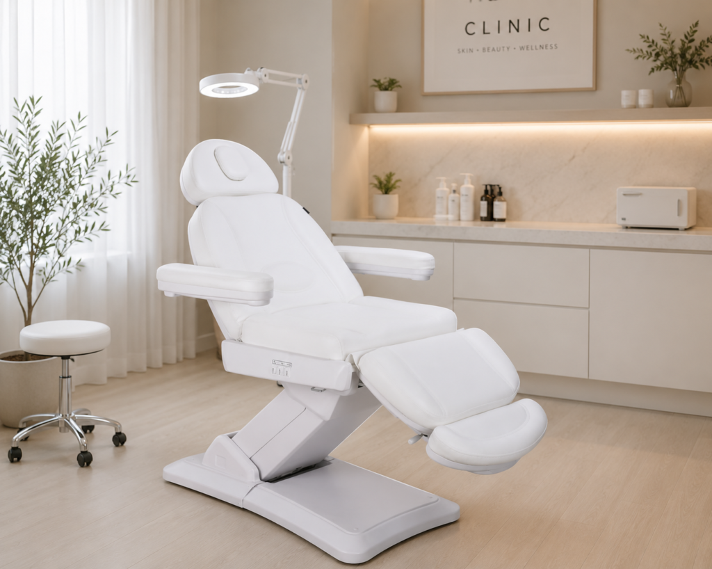 White electric beauty treatment bed in a skin clinic