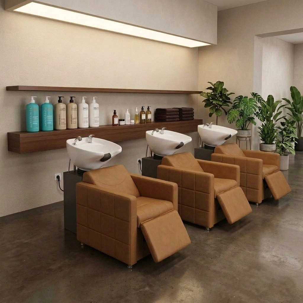 Modern salon interior with shampoo basins and reclining wash chairs